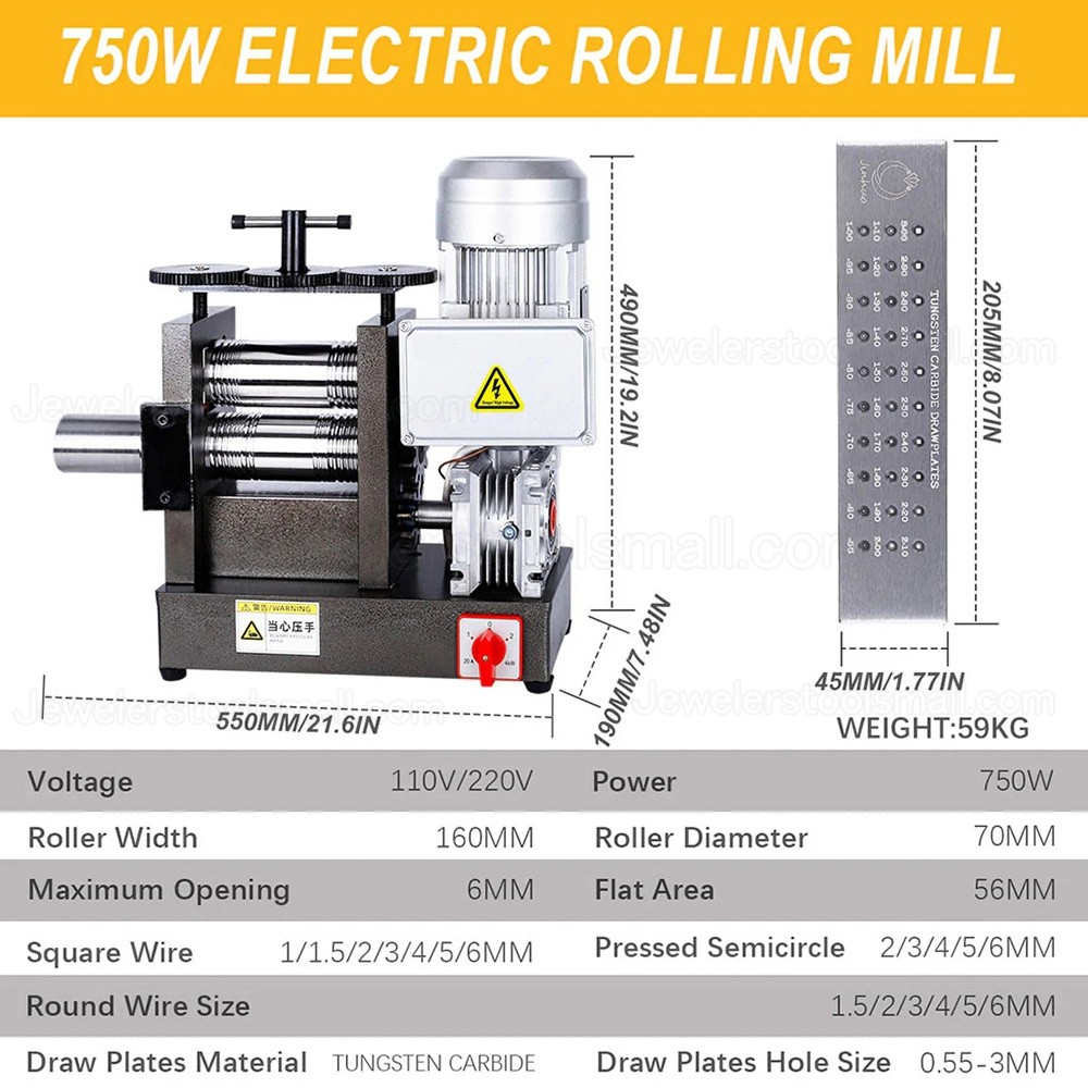 750W 160mm Jewelry Electric Rolling Mill Machine With Square DrawPlates for Metal Sheet and Wire